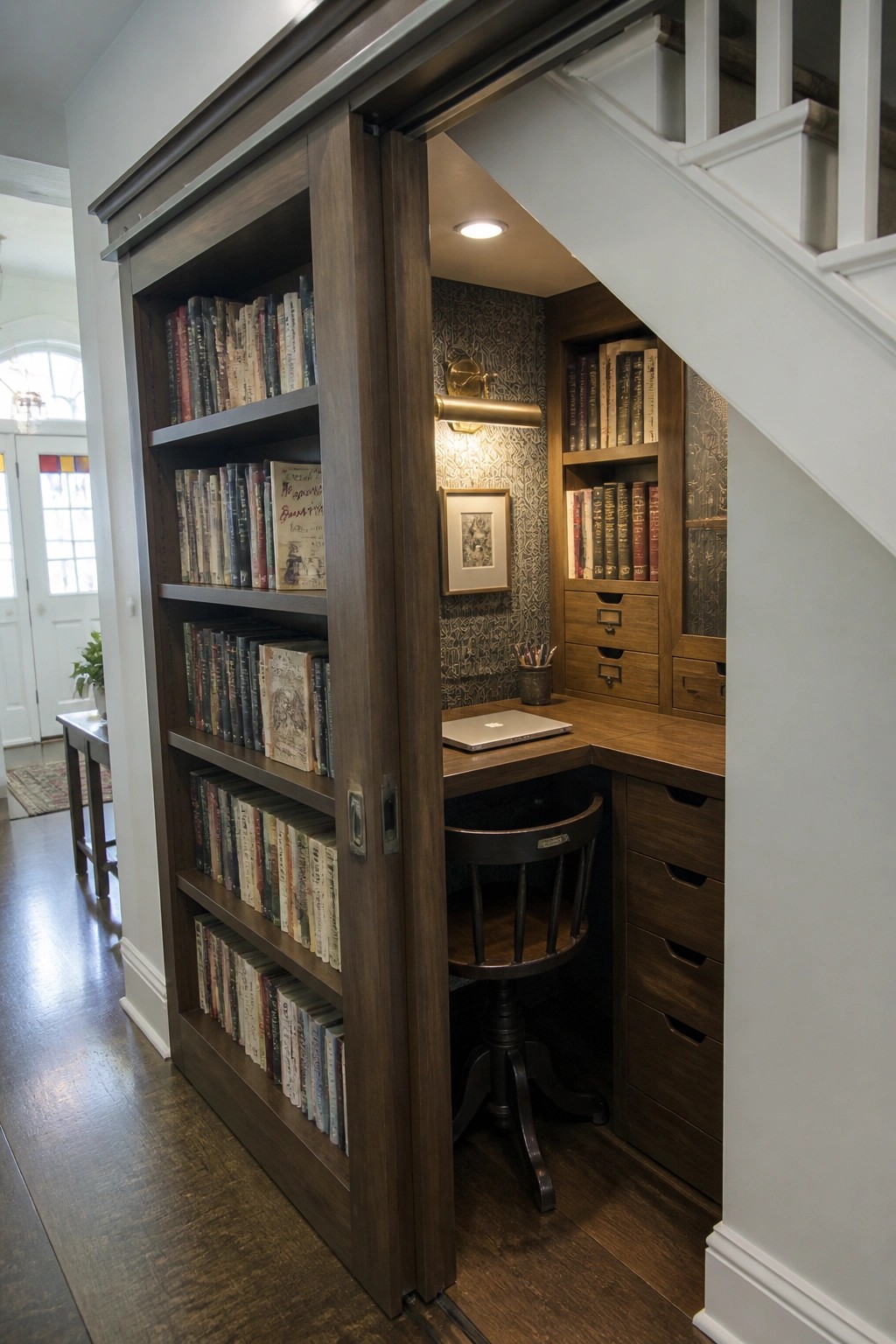 A dark wood bookshelf door slides open to reveal a small built-in desk and stool under a staircase with additional shelves and drawers.