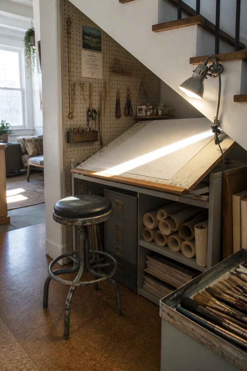 Artist's drafting table under stairs with lamp, stool, pegboard tools, and rolled papers