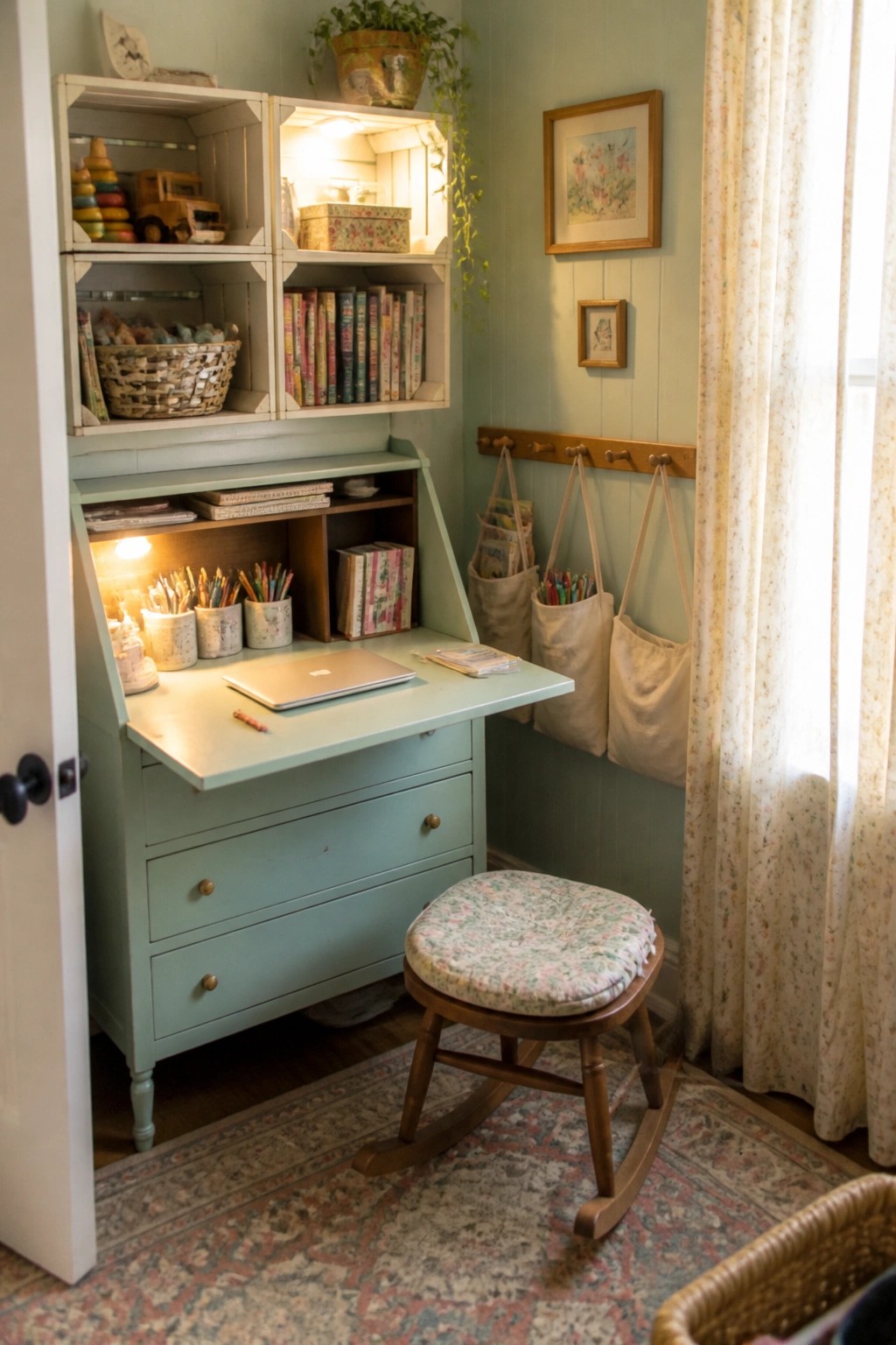 A mint green drop-front desk with upper cubby shelves, drawers below, and hanging fabric storage bags mounted on the wall beside it.