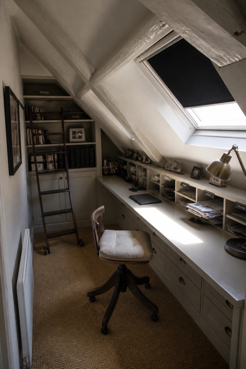 An attic office with a long white built-in desk, drawers, and cubby storage under sloped ceilings, a wooden swivel chair on wheels, and a ladder against nearby bookshelves.
