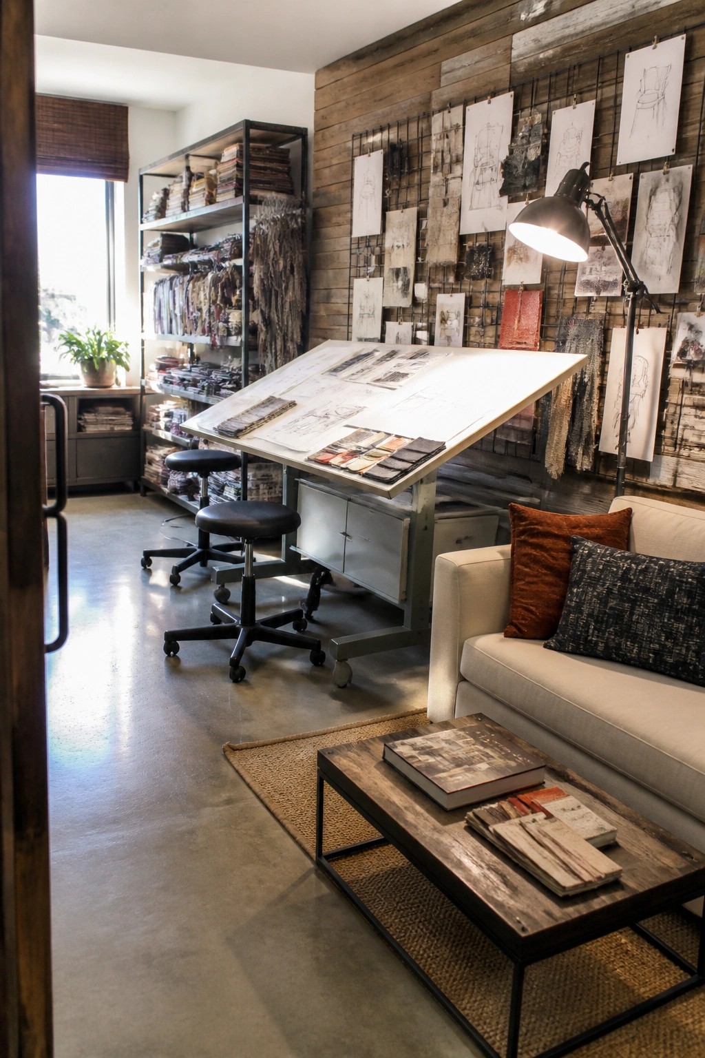 An office interior with a large slanted drafting table holding sketches and fabric samples, a wire grid wall covered in pinned drawings and textiles, two stools, and a sofa with pillows in the foreground.