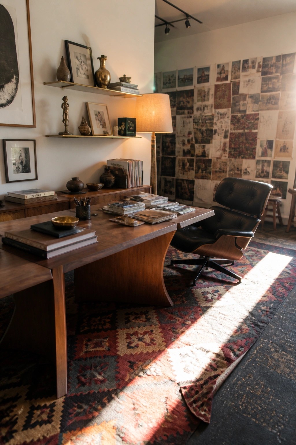 A home office shows a large wooden desk with a curved base, a black leather executive chair, floating shelves with books and decor, and a large wall collage of photos.