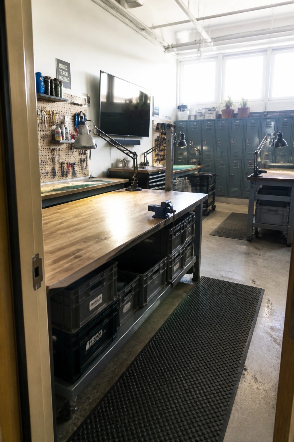 A spacious workshop interior featuring a long wooden workbench on wheels with black plastic storage bins stored underneath, a pegboard tool wall, and rows of teal lockers in the background.