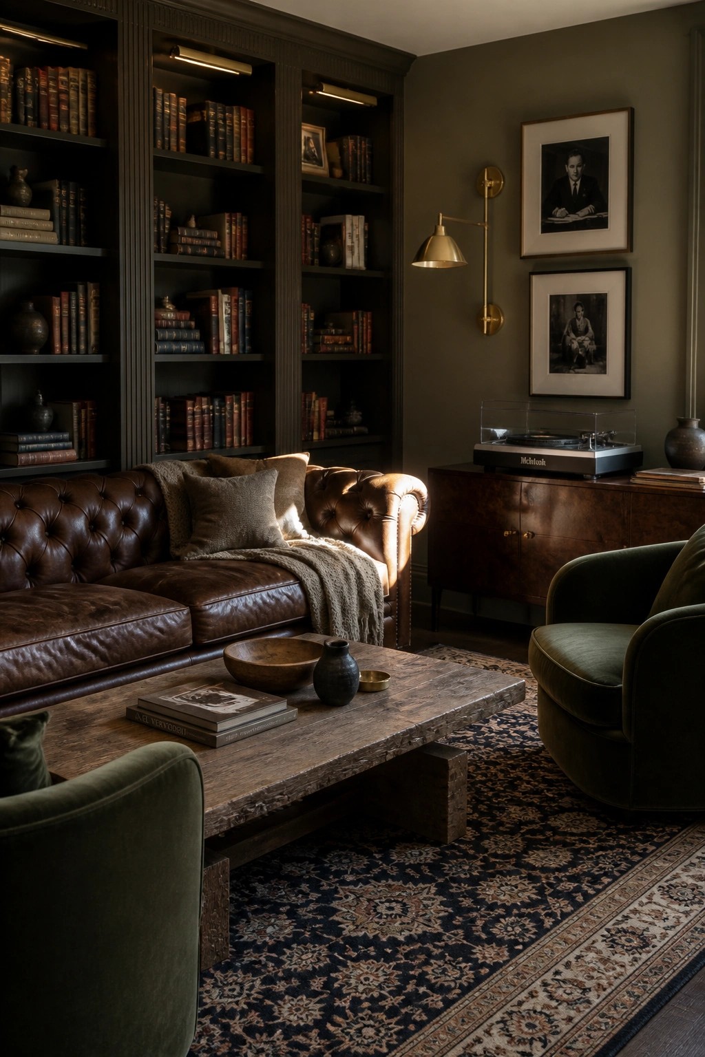 Cozy dark library with leather sofa, bookshelves, wooden table, and green armchair.
