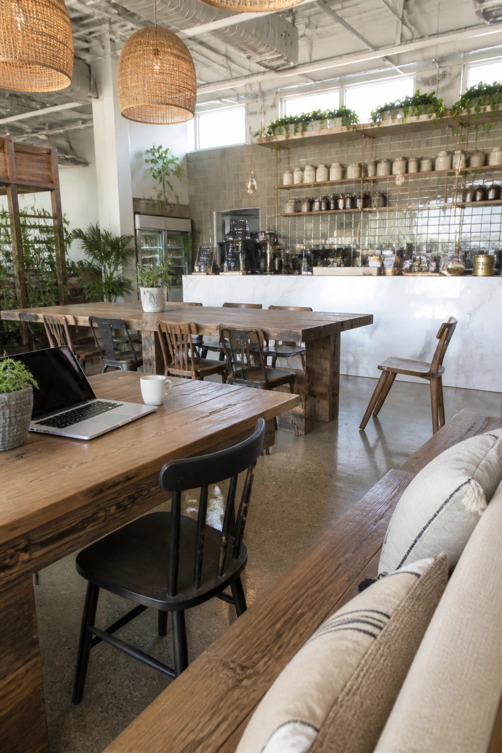 A spacious interior with long wooden tables, mixed wooden and black chairs, a laptop and white mug on the foreground table, and a white service counter with shelves and plants in the background.