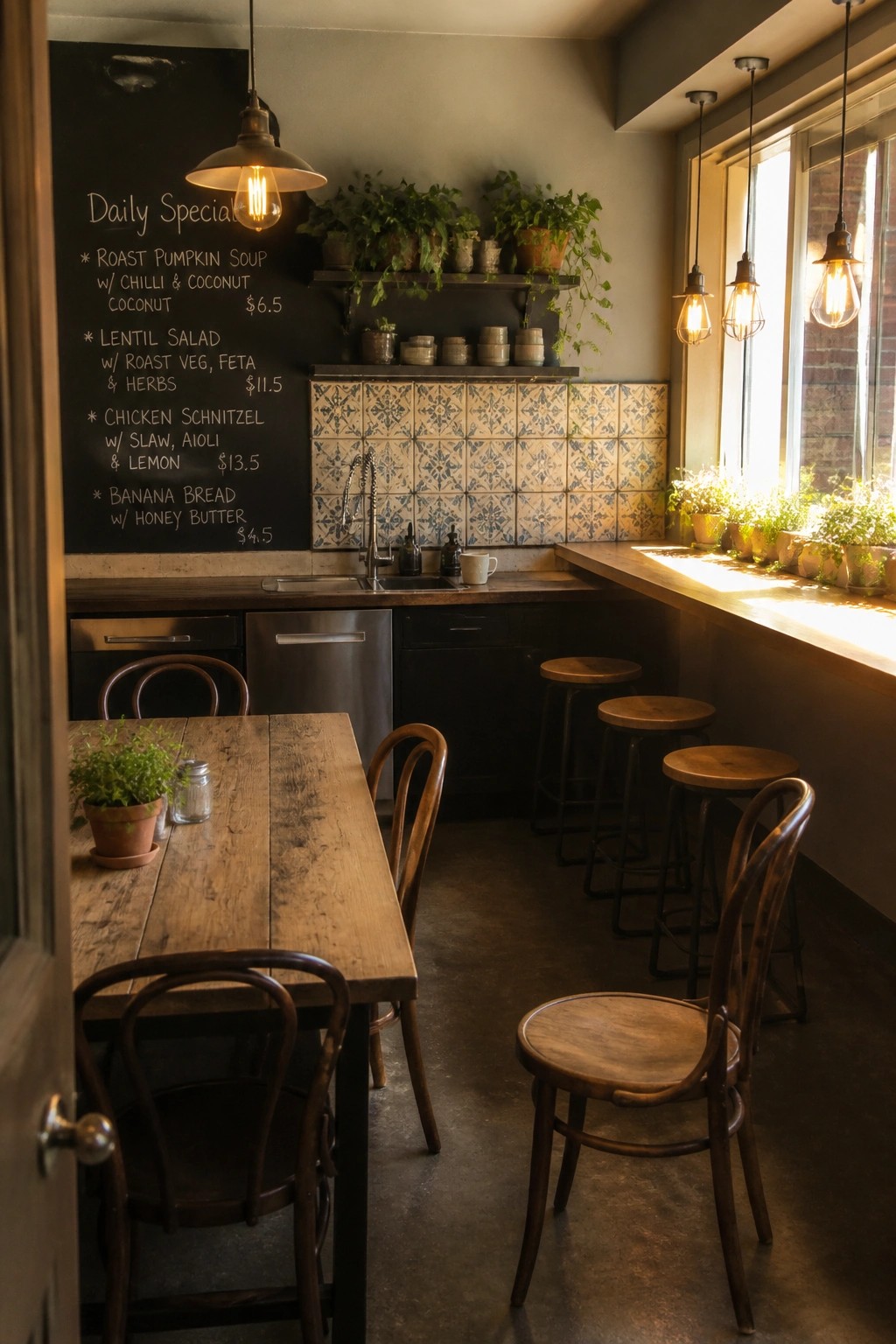 Rustic cafe with wooden tables, chalkboard menu, bar stools, plants, and hanging lights.