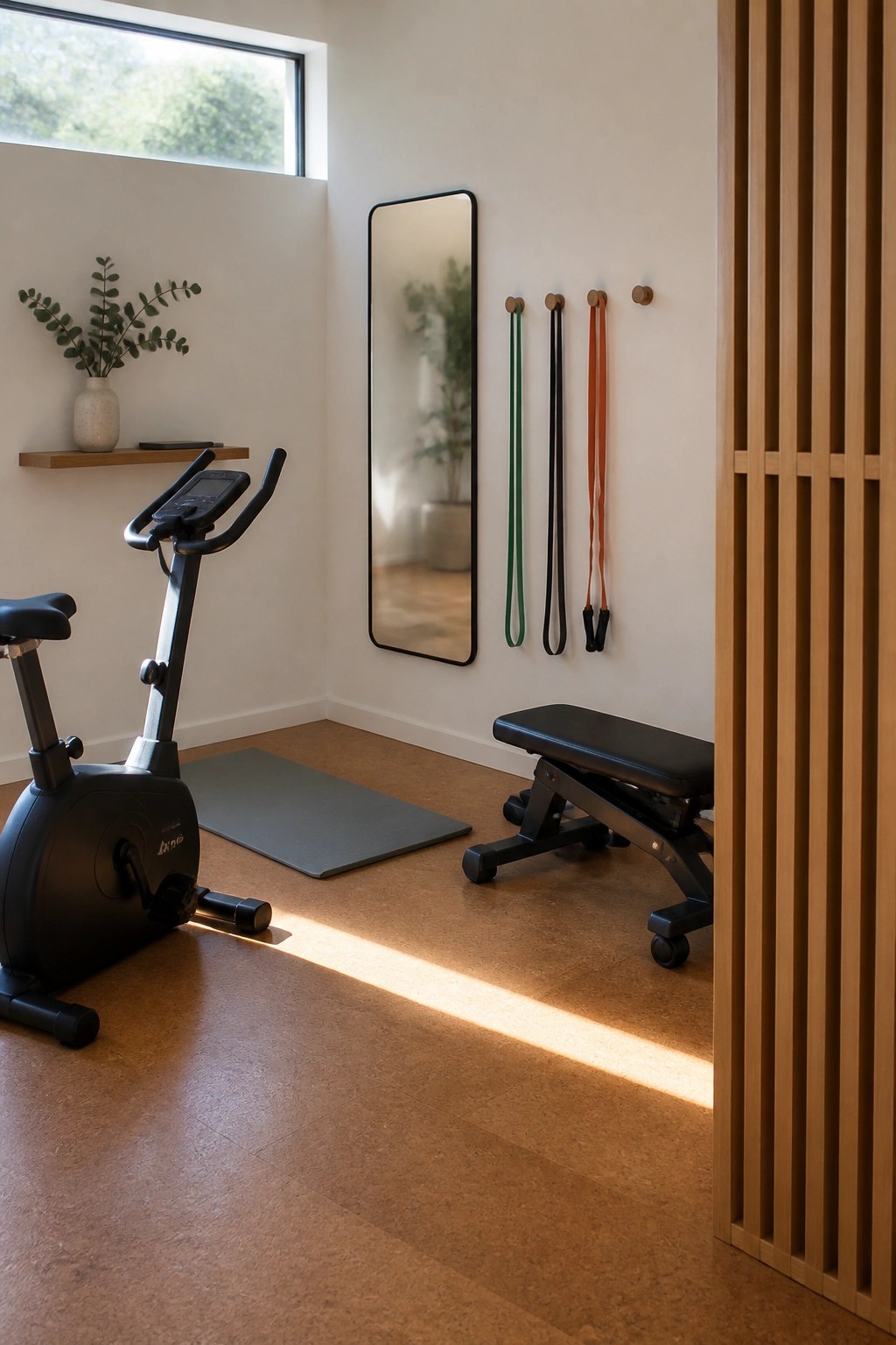 Home gym with exercise bike, weight bench, mirror, and resistance bands on cork floor.