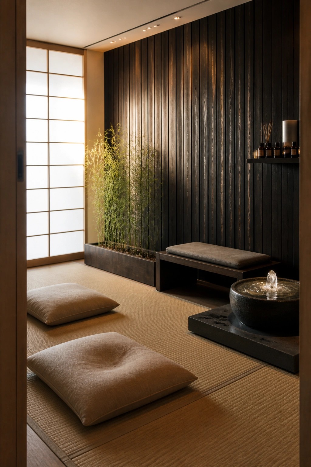A minimalist Japanese-style room with tatami mats, beige floor cushions, a dark wood bench, vertical wood wall panels, a stone water fountain, and a shoji screen window.