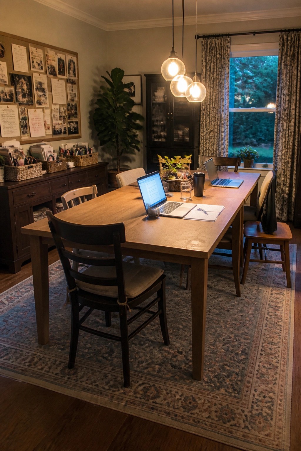 A long wooden dining table in a room holds two open laptops, papers, and a glass, with several chairs pulled up around it on a patterned rug.