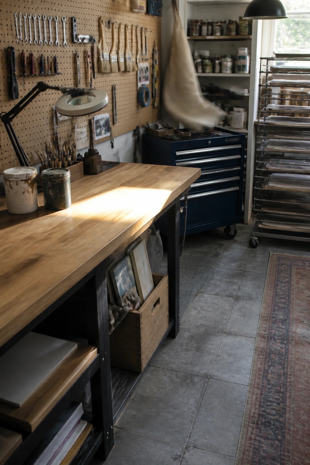 A wooden workbench in a workshop with tools on a pegboard, storage crates below, and a blue tool chest nearby.