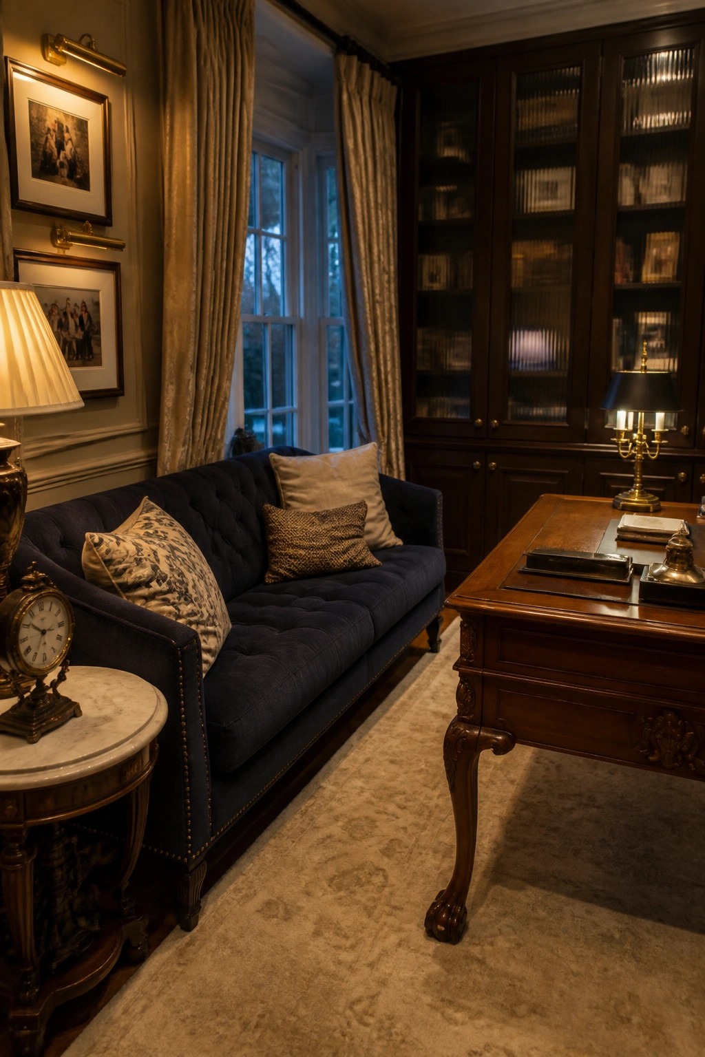 Elegant study with navy tufted sofa, carved wooden desk, bookshelves, and warm lighting.