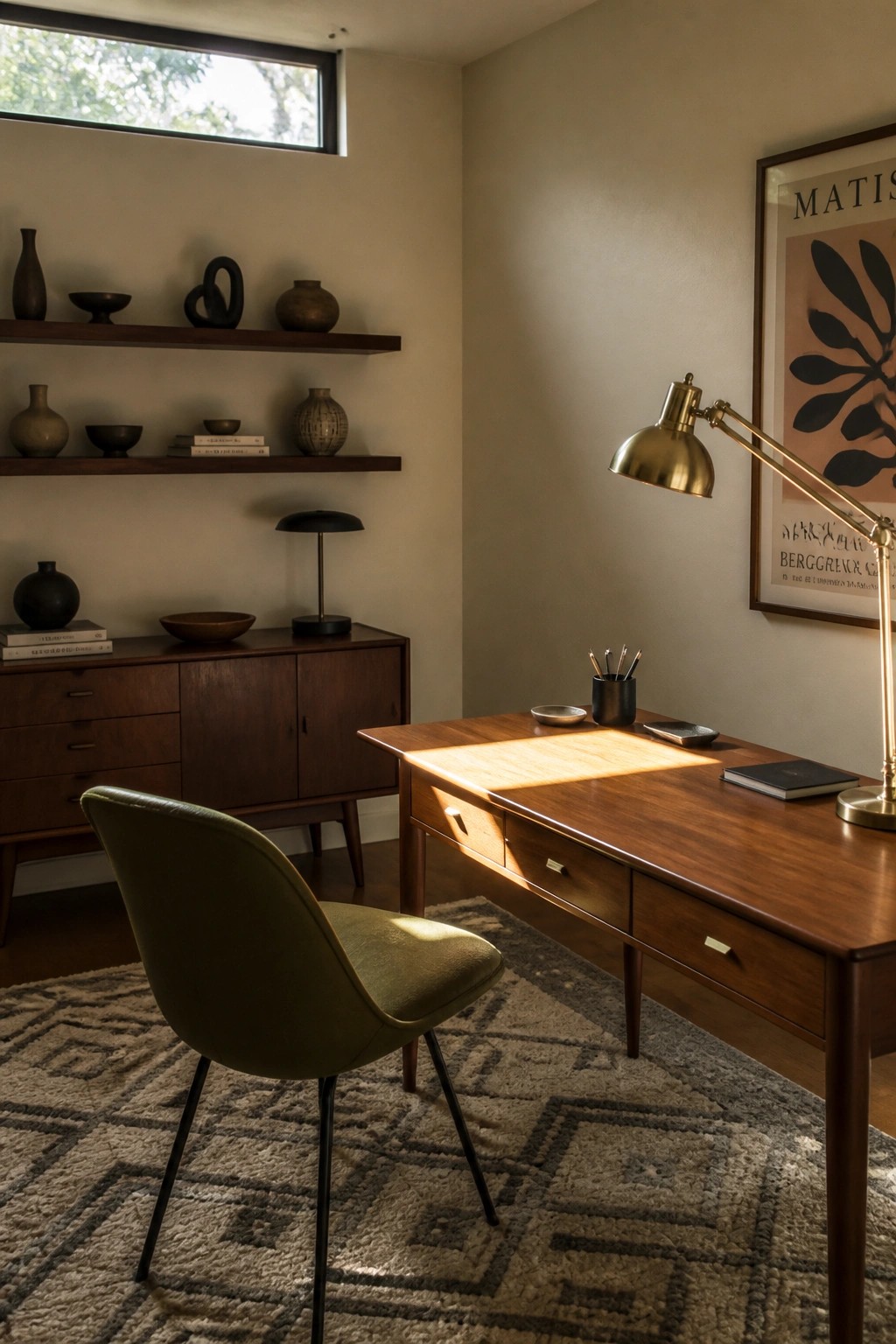 A wooden desk with a brass task lamp, green upholstered chair, and floating shelves holding pottery and books in a home office.
