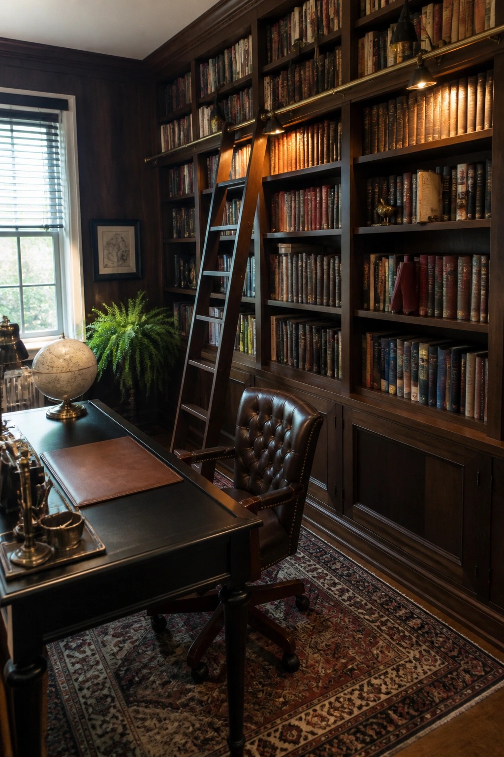 A home office featuring dark wood built-in bookshelves filled with books, a rolling wooden ladder, a black desk with a brown leather chair, and a patterned rug.