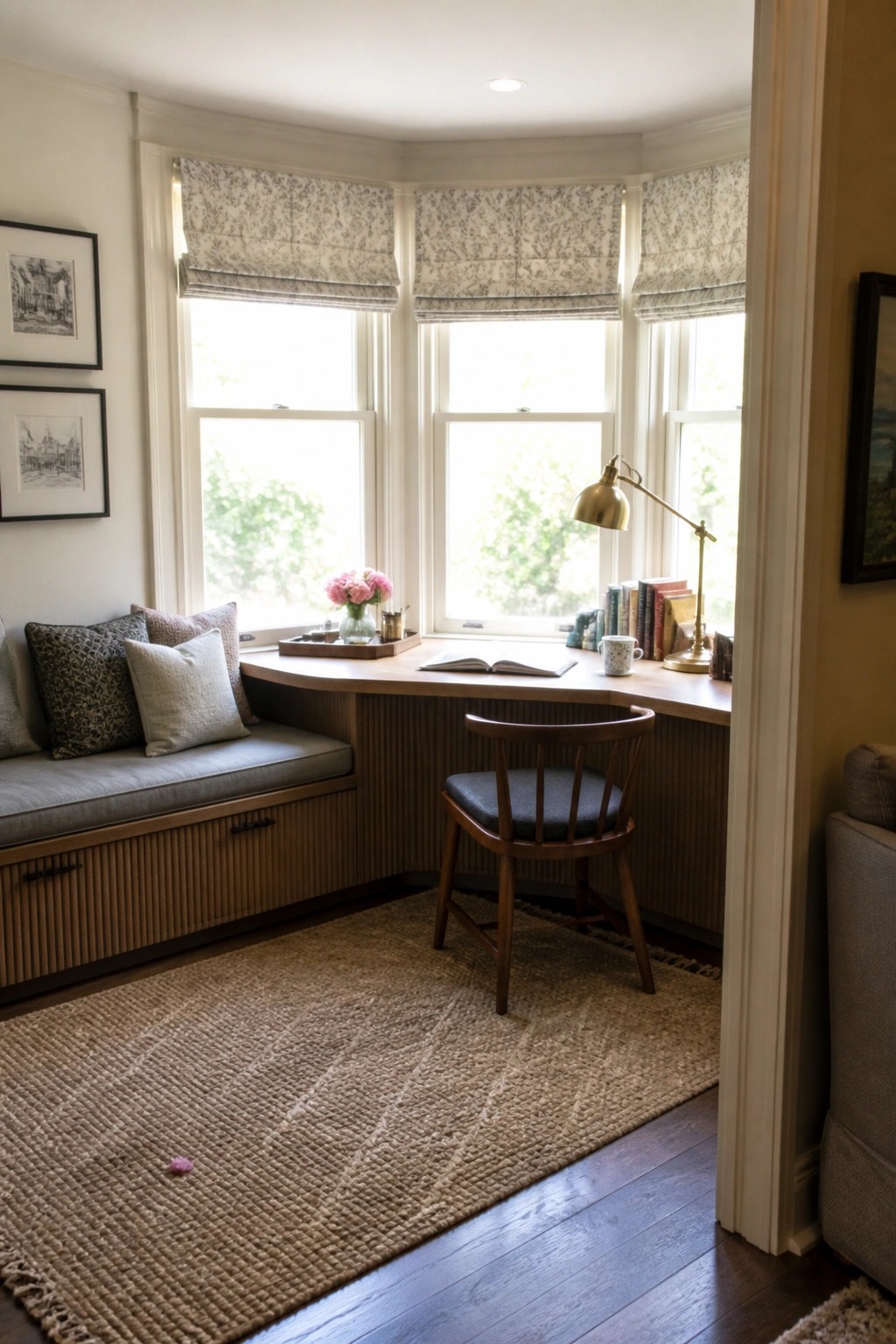 A wooden built-in desk curves around a bay window with an open book, brass lamp, and books, next to a cushioned window seat with pillows and a wooden chair on a woven rug.