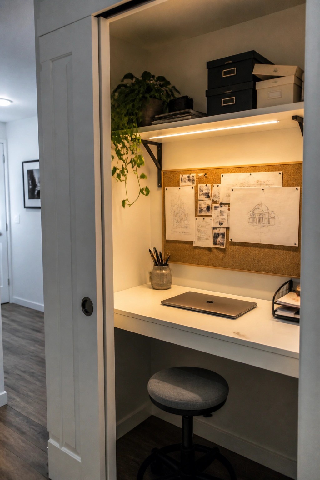 A small built-in white desk inside a closet with a laptop, stool, corkboard covered in papers, under-shelf lighting, and storage boxes above.