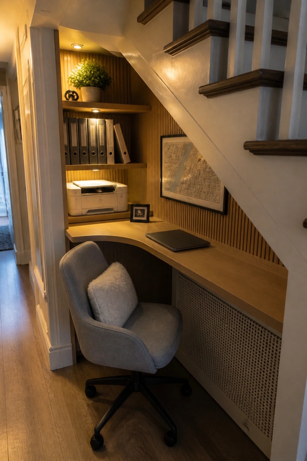 A compact home office built into the space under a staircase, featuring built-in wooden shelves with binders and a printer, a curved desk surface, a framed map on the wall, and a gray upholstered office chair.