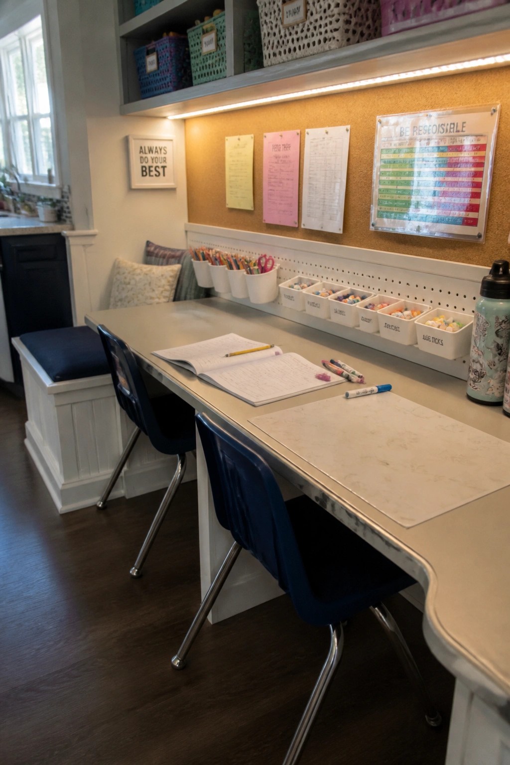 A long built-in desk with blue chairs, wall-mounted storage bins, a pegboard, and a corkboard holding papers and a colorful responsibility chart in a home workspace.