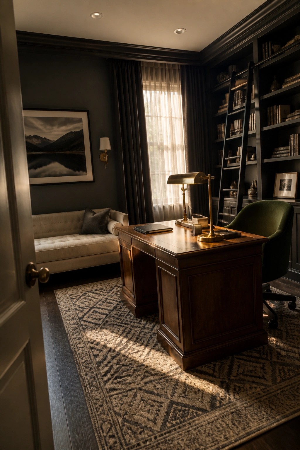 A home office featuring a large wooden desk, green upholstered chair, built-in dark bookshelves with a ladder, and a window with dark curtains.