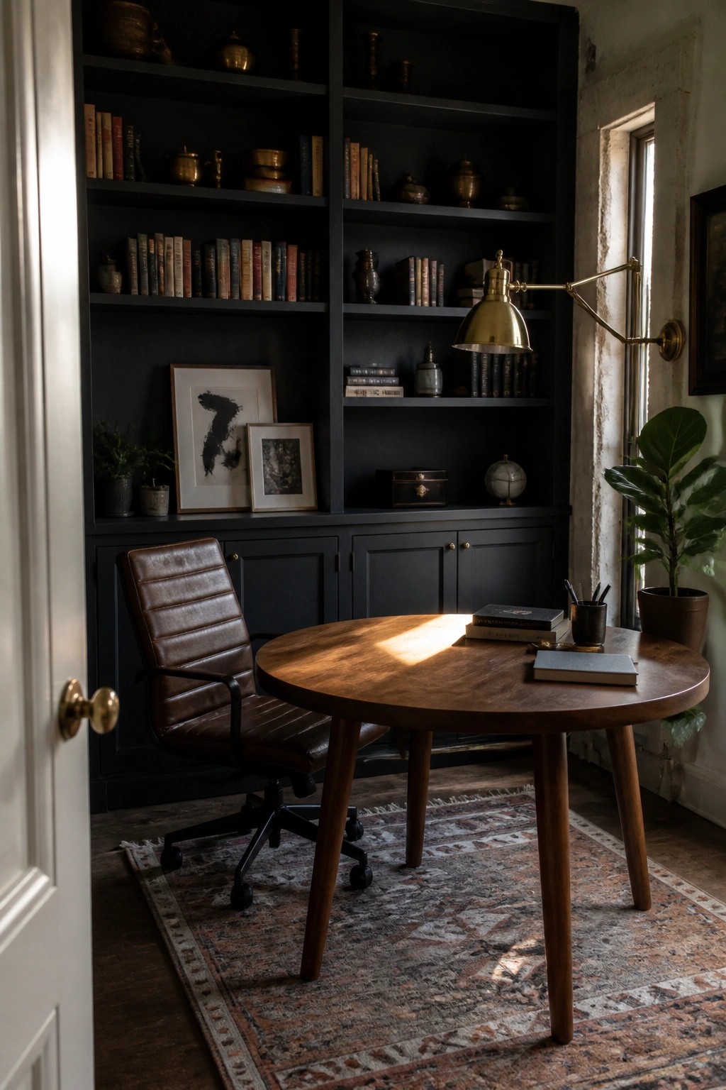 Interior view of a home office with dark built-in bookshelves, a round wooden table, brown leather office chair, brass wall lamp, and patterned rug.