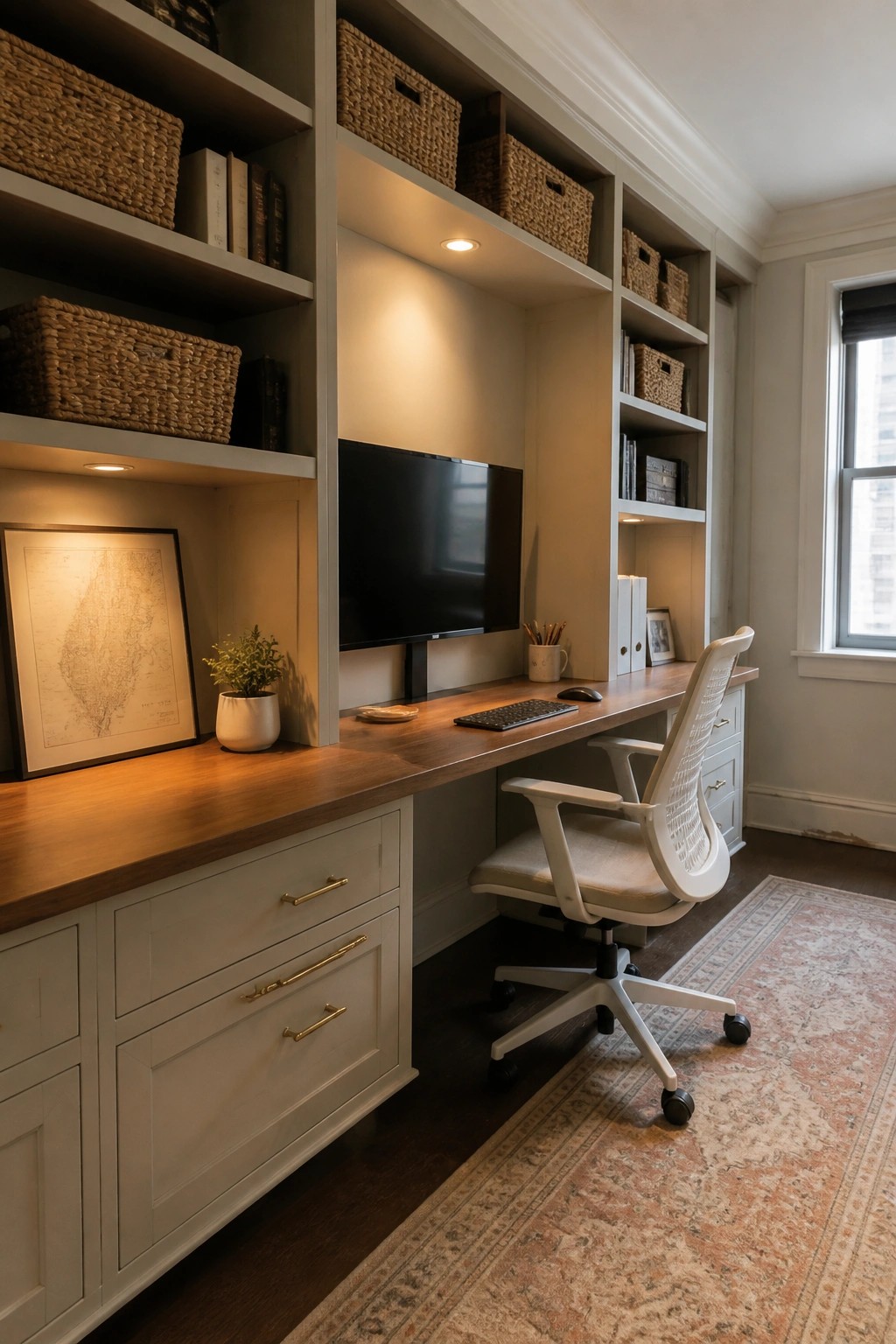 A home office with a long wooden built-in desk, white shelving units holding woven baskets and books, a computer monitor on the desk, and a white office chair on a patterned rug.