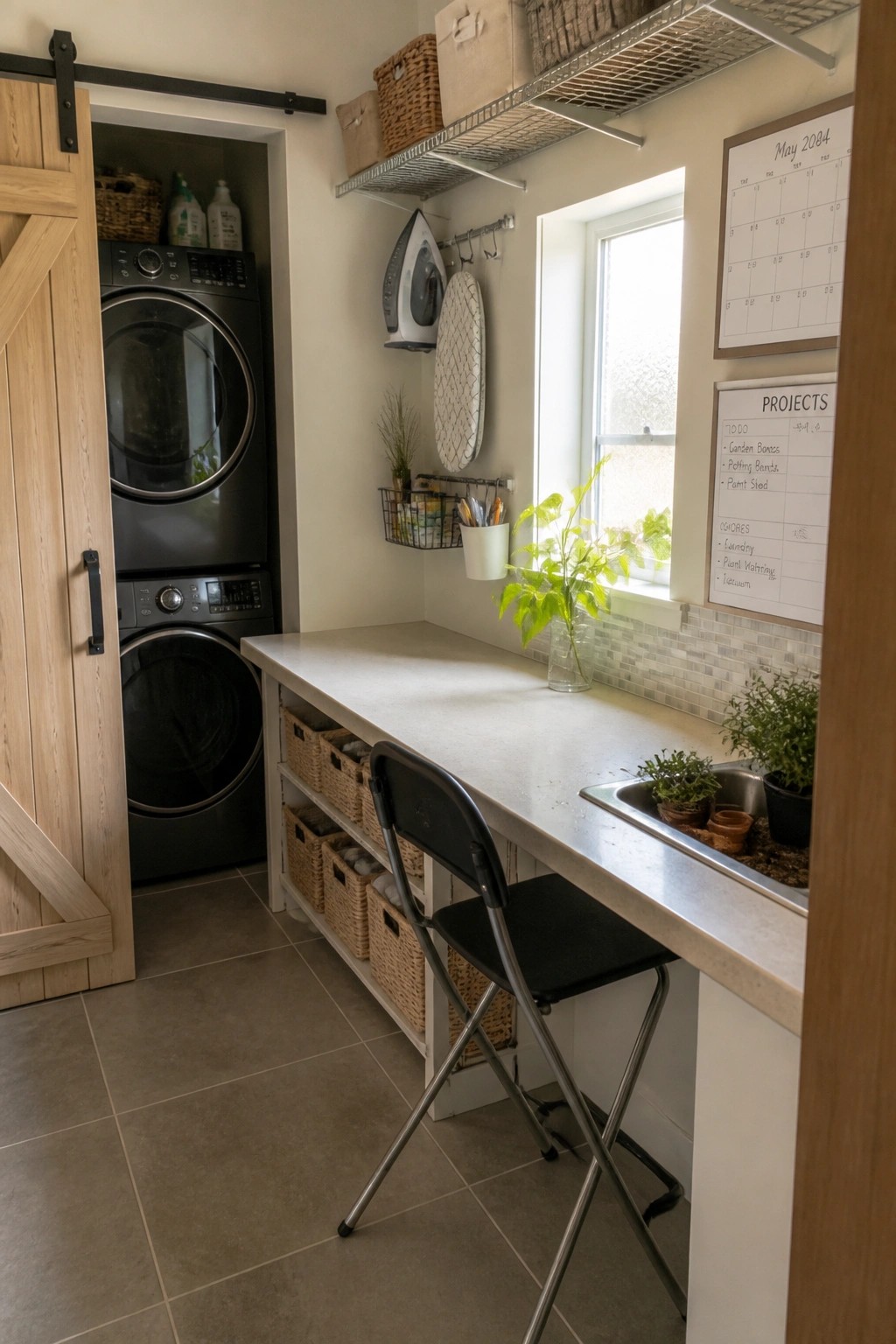 A laundry room interior showing stacked washer and dryer behind a wooden sliding door, a long light countertop with a black folding chair, wall calendar, projects board, and a sink area with plants.