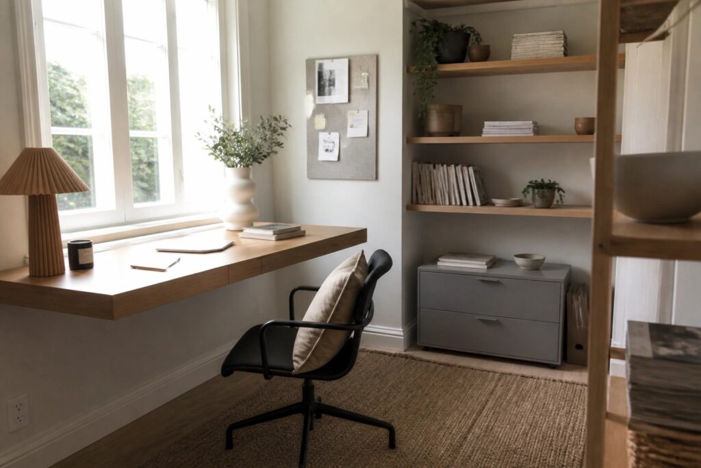 A home office with a light wood wall-mounted desk under a window, a black office chair on a woven rug, and wooden shelves holding books and decor items.