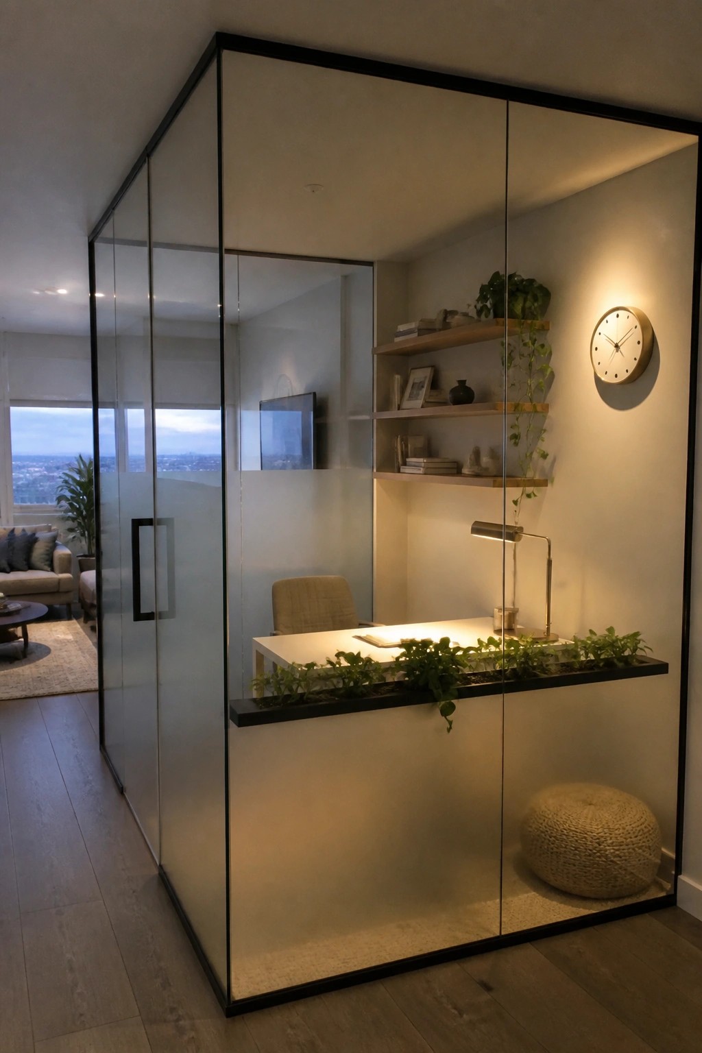 Modern glass office with white desk, plant shelf, clock, and woven pouf.