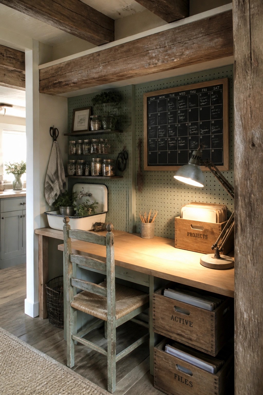 A wooden desk setup in a home office shows labeled wooden crates for files, active projects, and storage beneath it, with a pegboard wall and chalkboard calendar above.