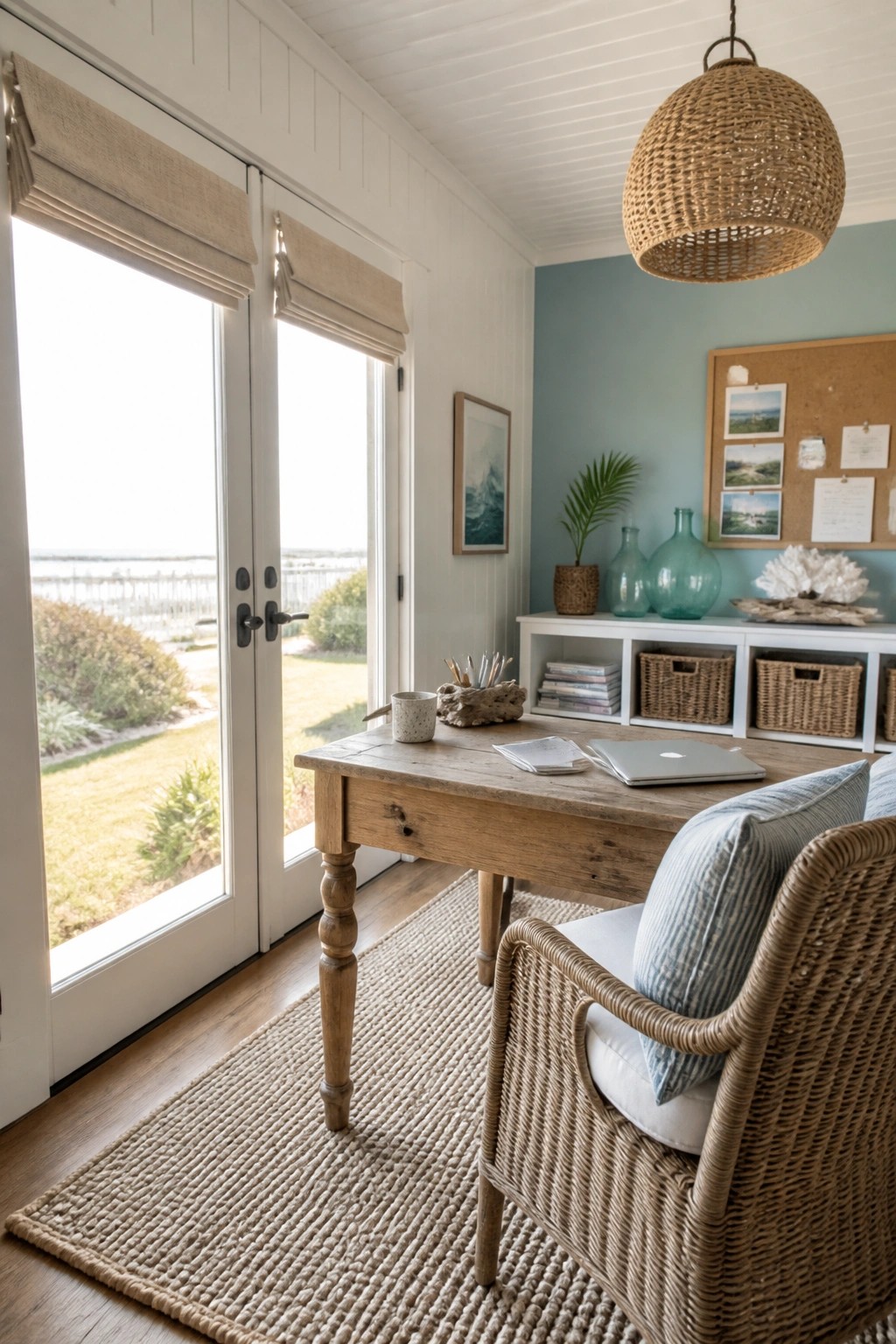 A wooden desk with a woven chair on a jute rug sits in front of glass doors in a home office with light blue walls.