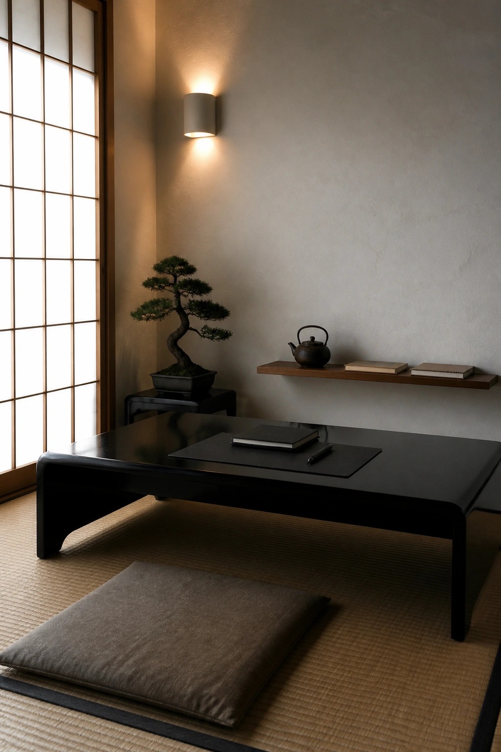 A low black table on tatami mats with a gray cushion in front, a bonsai on a side stand, and a wall shelf holding a teapot and books.