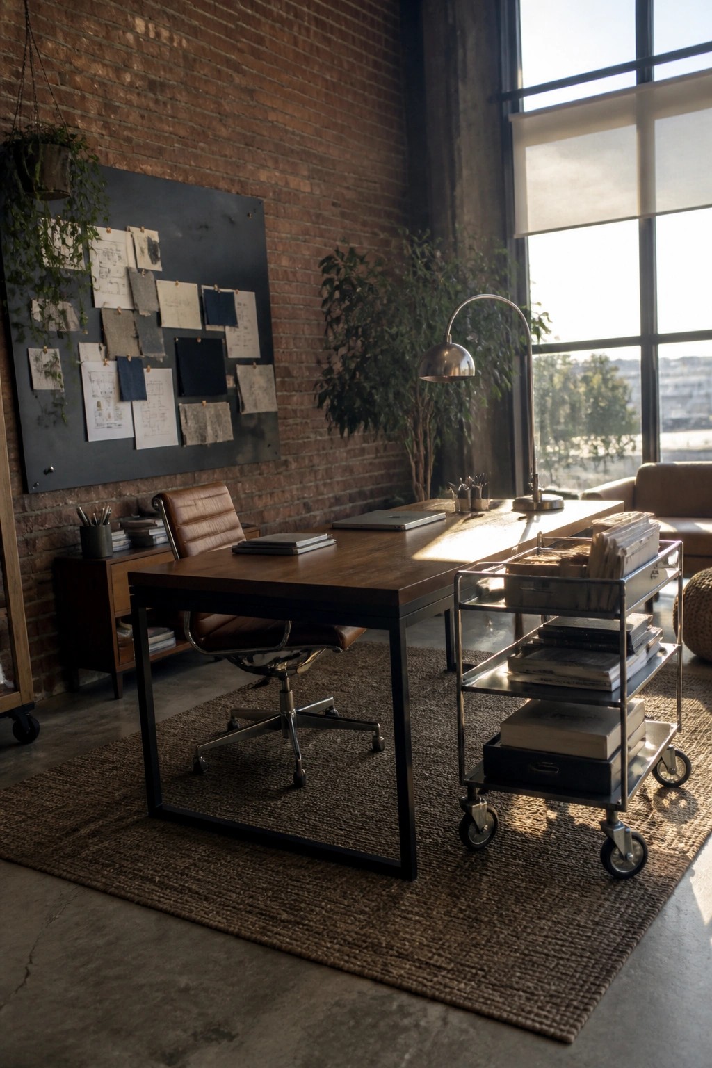 Modern wooden desk with leather chair, brick wall mood board, rolling cart, and sunny window.