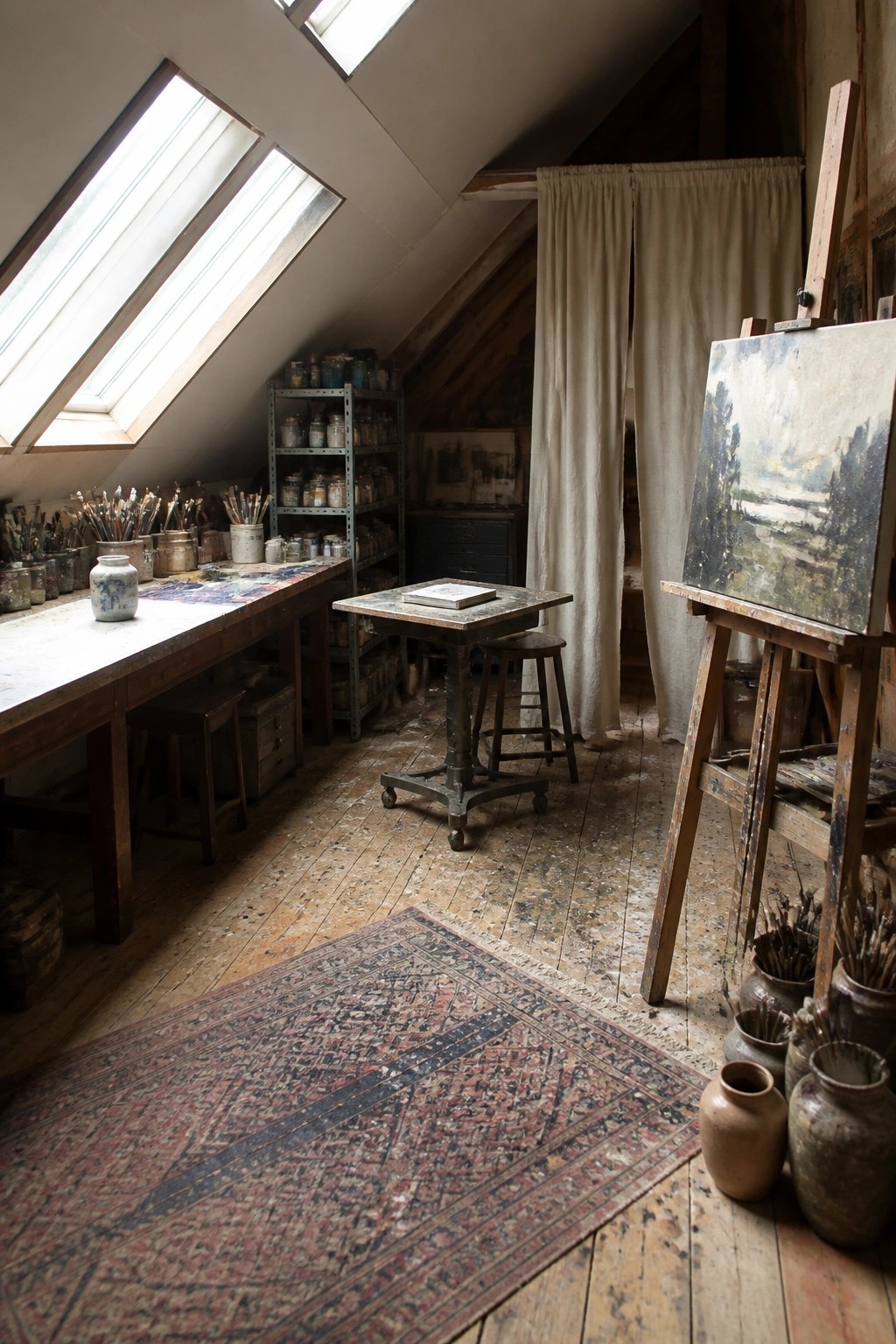 Attic art studio with easel, paint jars, brushes, patterned rug, and skylights