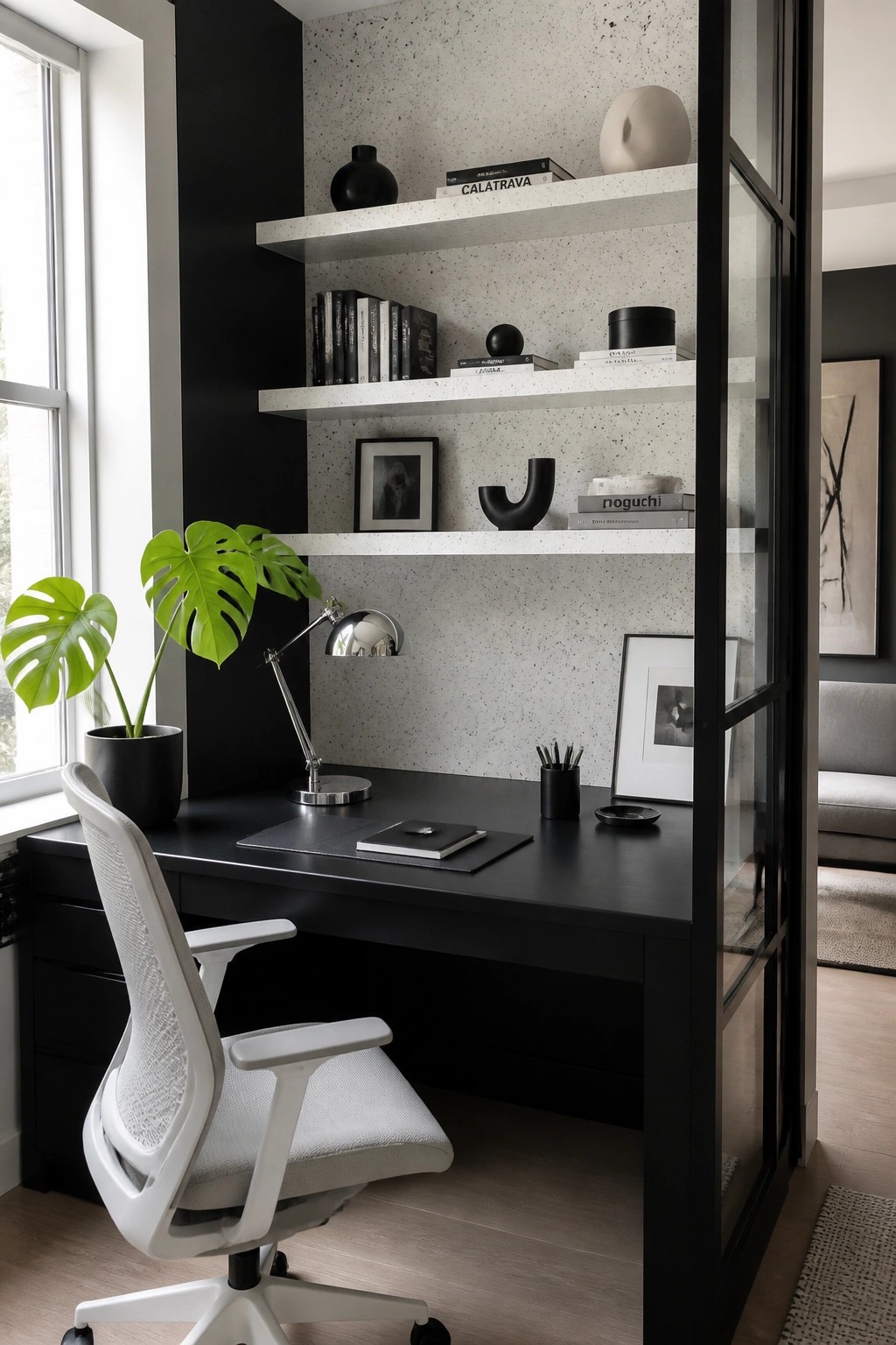 A modern home office features a black desk and chair positioned against a black wall with three white floating shelves holding books and decor.