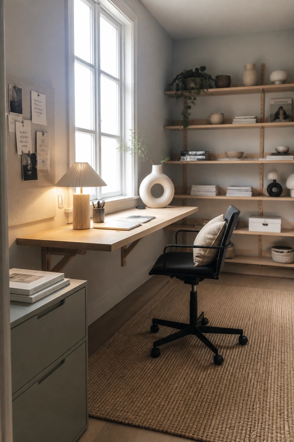 A home office with a light wood wall-mounted desk under a window, a black office chair on a woven rug, and wooden shelves holding books and decor items.