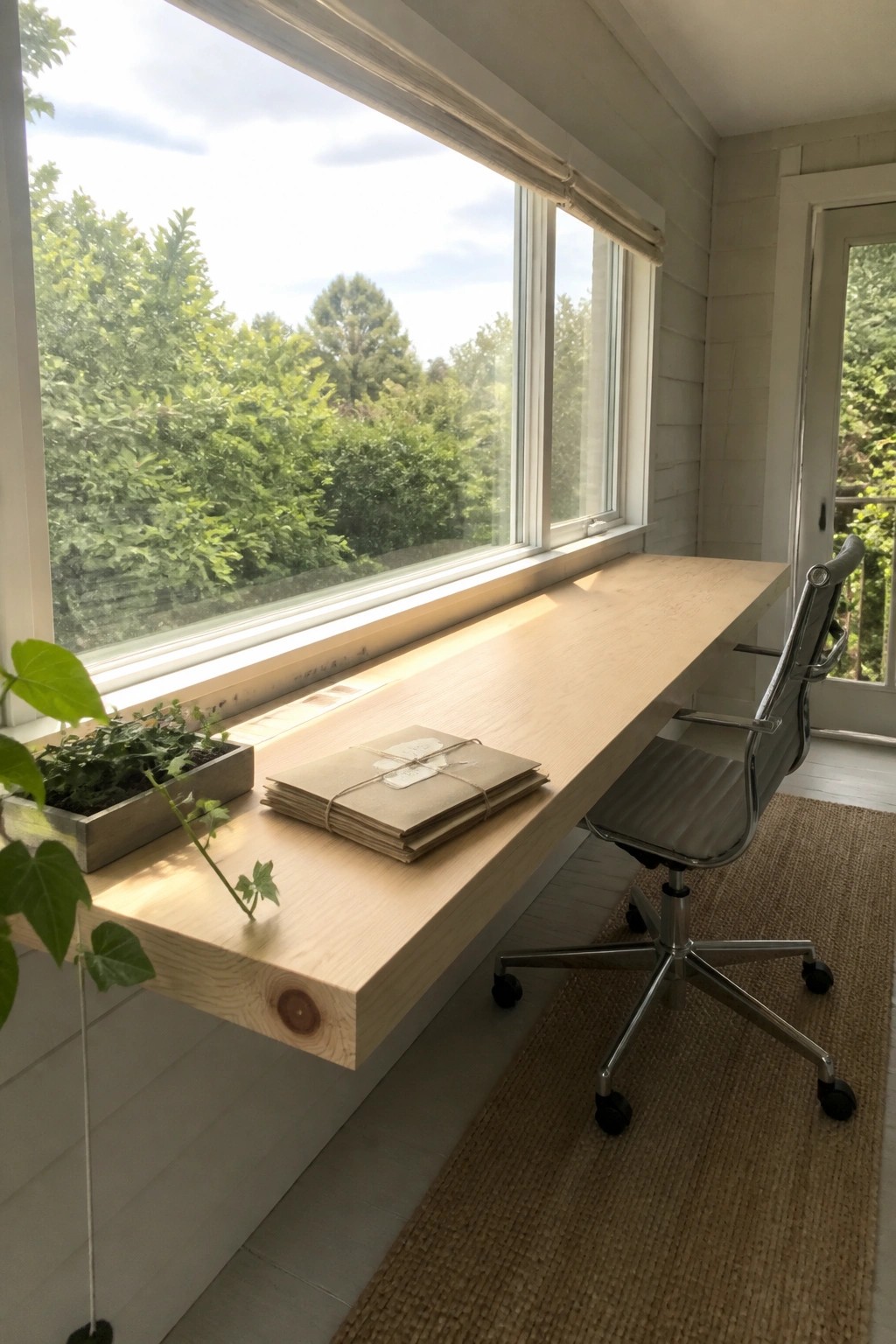 A light wood floating desk runs beneath a large window in a bright room, with a rolling office chair pulled up and minimal items on the surface.
