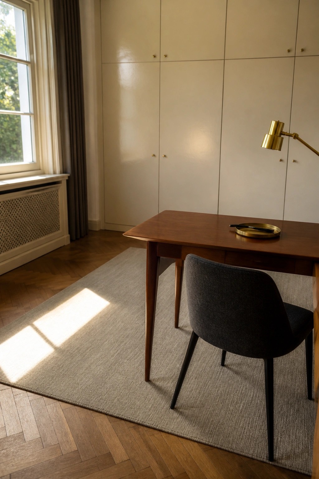Modern wooden desk with gray chair, brass lamp and tray on sunlit rug, white cabinets nearby.