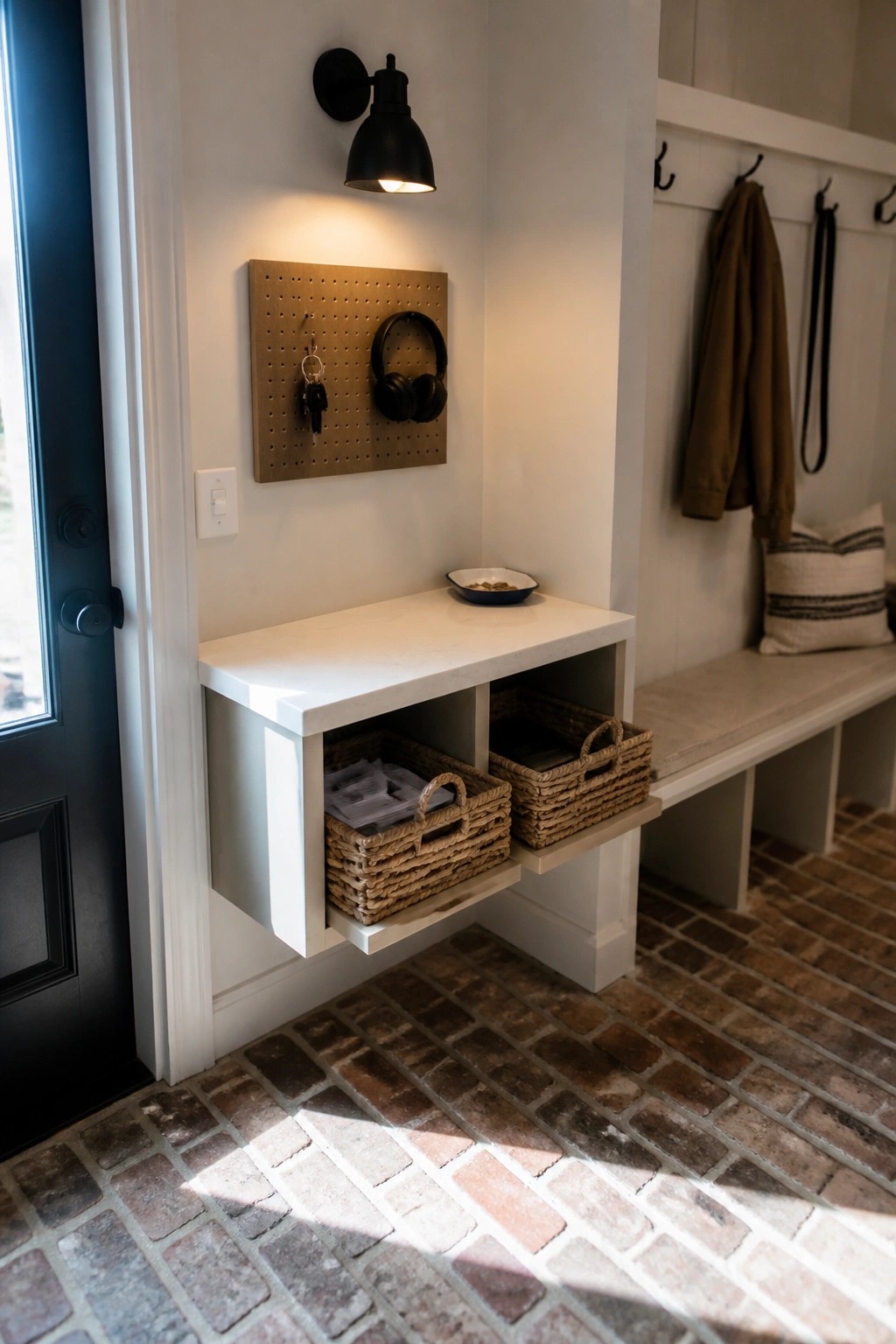 Modern mudroom with white floating shelf, woven baskets, pegboard, and brick floor