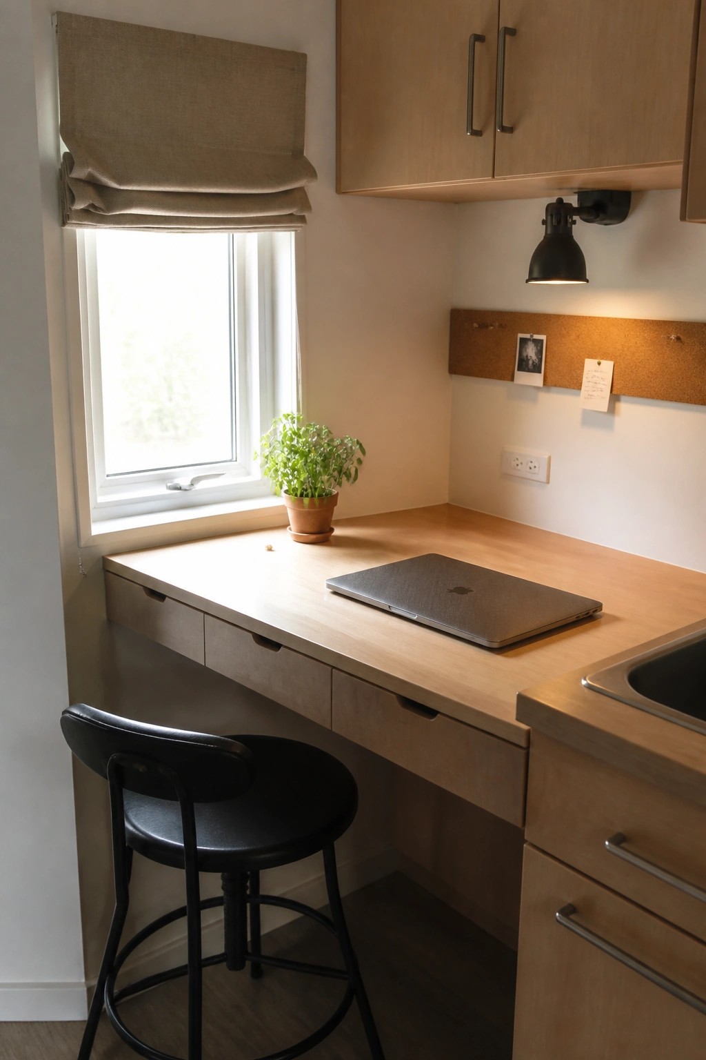 A minimalist home workspace featuring a built-in wooden desk with drawers beneath a window, a black stool, and a laptop on the desk surface.