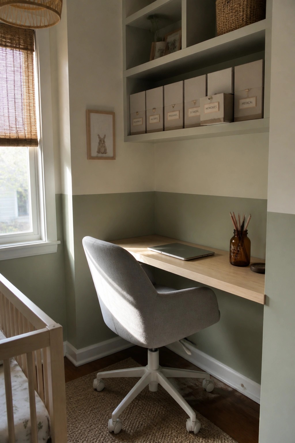 A small home workspace with a light wood desk, gray upholstered chair, and built-in wall shelves holding labeled storage boxes.