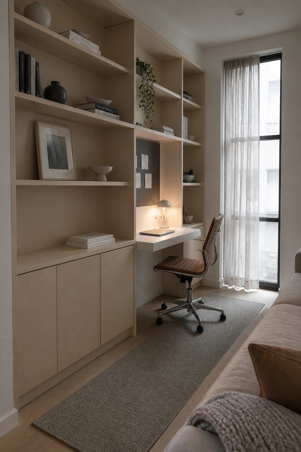 A light wood built-in desk and shelving unit with a brown leather office chair on a gray rug in a minimalist room.