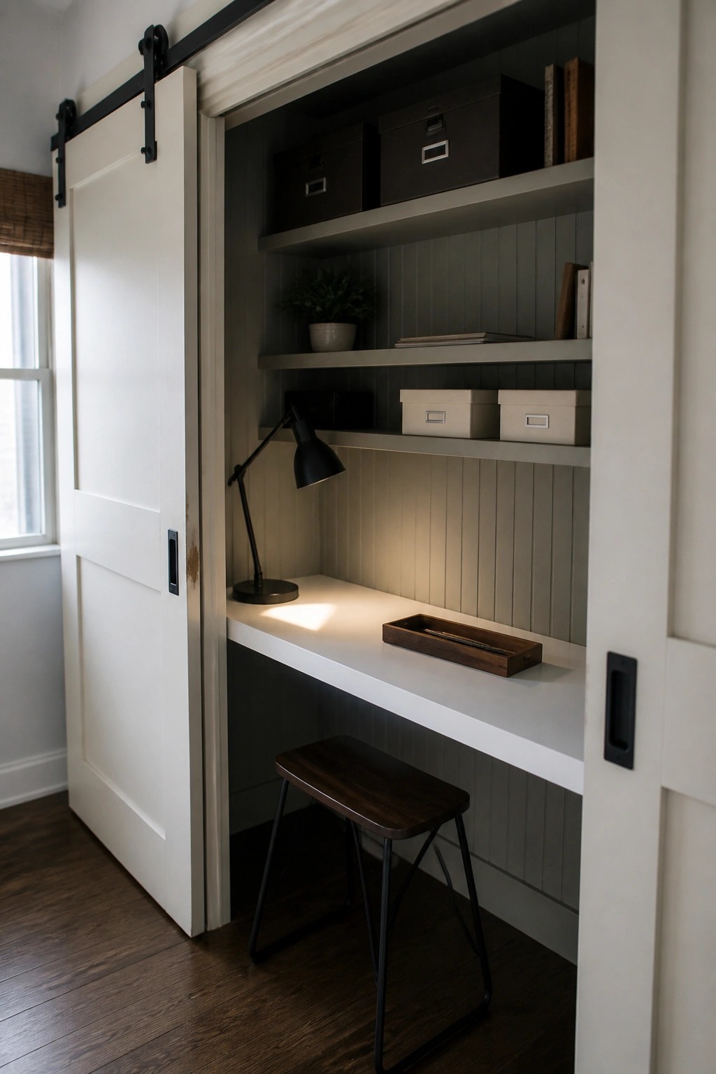 A partially open white sliding barn door reveals a built-in white desk with black stool, dark shelves holding storage boxes, a black desk lamp, and a wooden tray.