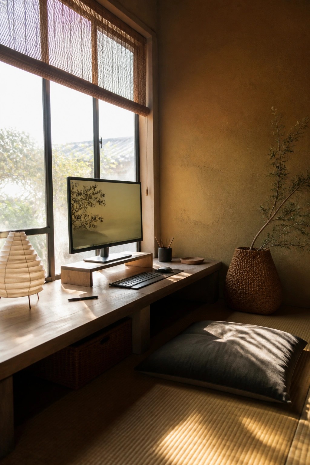 Sunlit minimalist wooden desk with monitor, keyboard, lamp, cushion, and woven vase by window.