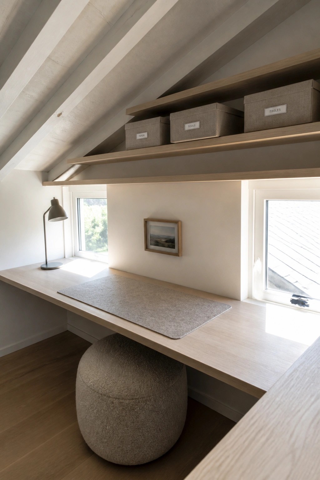 A light wood built-in desk under sloped ceiling shelves holding three labeled storage boxes, with a felt desk mat, pouf stool, desk lamp, and two windows.