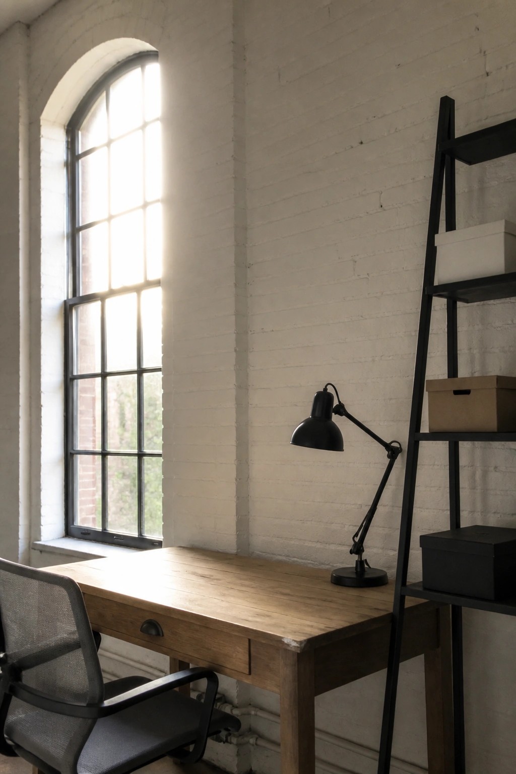 A wooden desk with a black lamp sits in front of a large arched window against a white brick wall, with a mesh office chair pulled up to it.