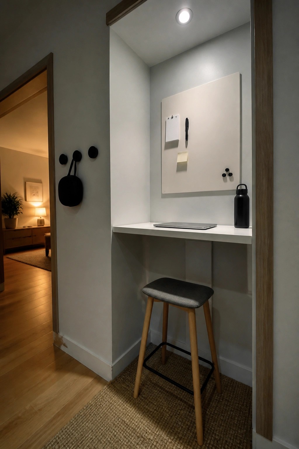 A small built-in desk nook with a stool underneath, a laptop on the desk, and a whiteboard mounted on the wall above.