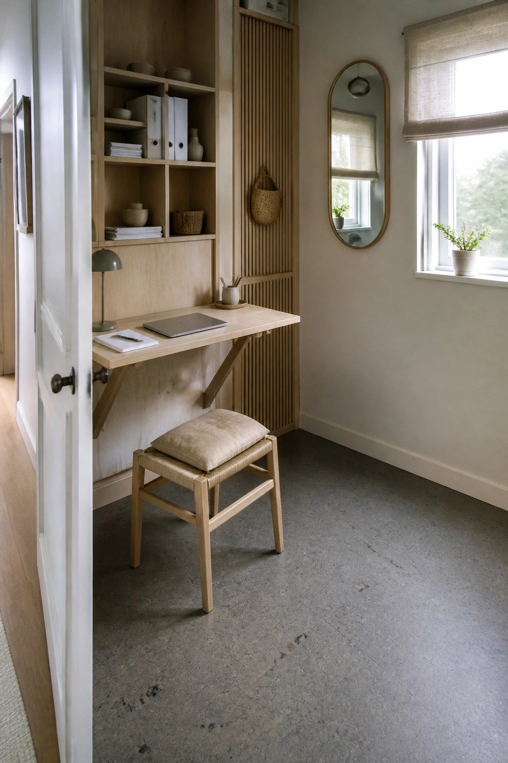 A light wood built-in desk and shelving unit with a laptop, notebook, and woven stool in a simple home office.