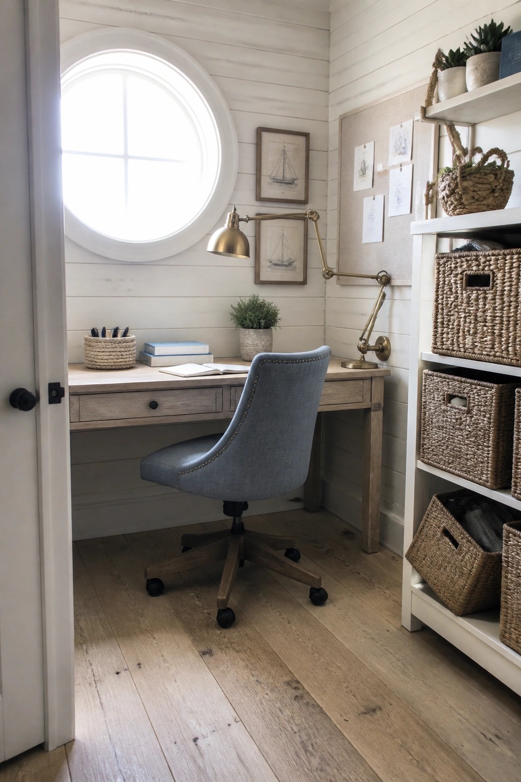 A small home office with a light wood desk, gray upholstered swivel chair, round window on a white shiplap wall, brass task lamp, and woven baskets on white shelving.