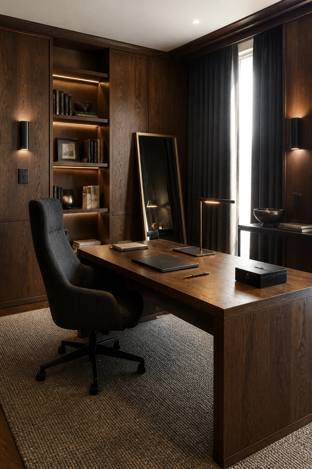Dark wood office with gray chair, desk, bookshelves, and curtained window