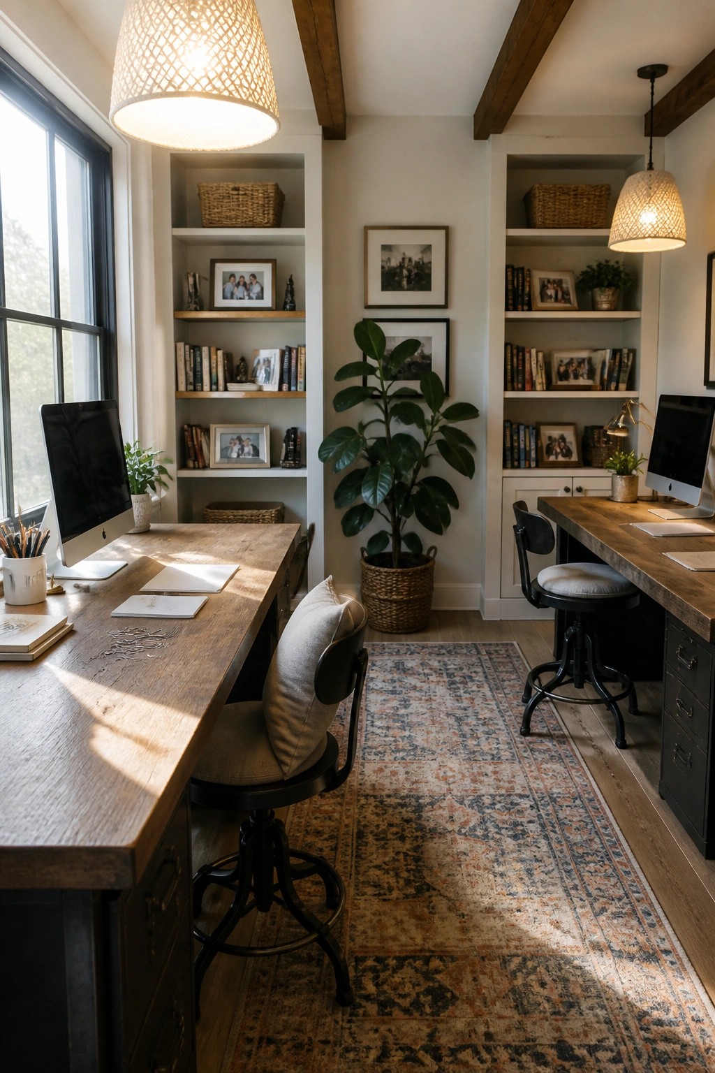 Cozy home office with dual wooden desks, bookshelves, large plant, and patterned rug.
