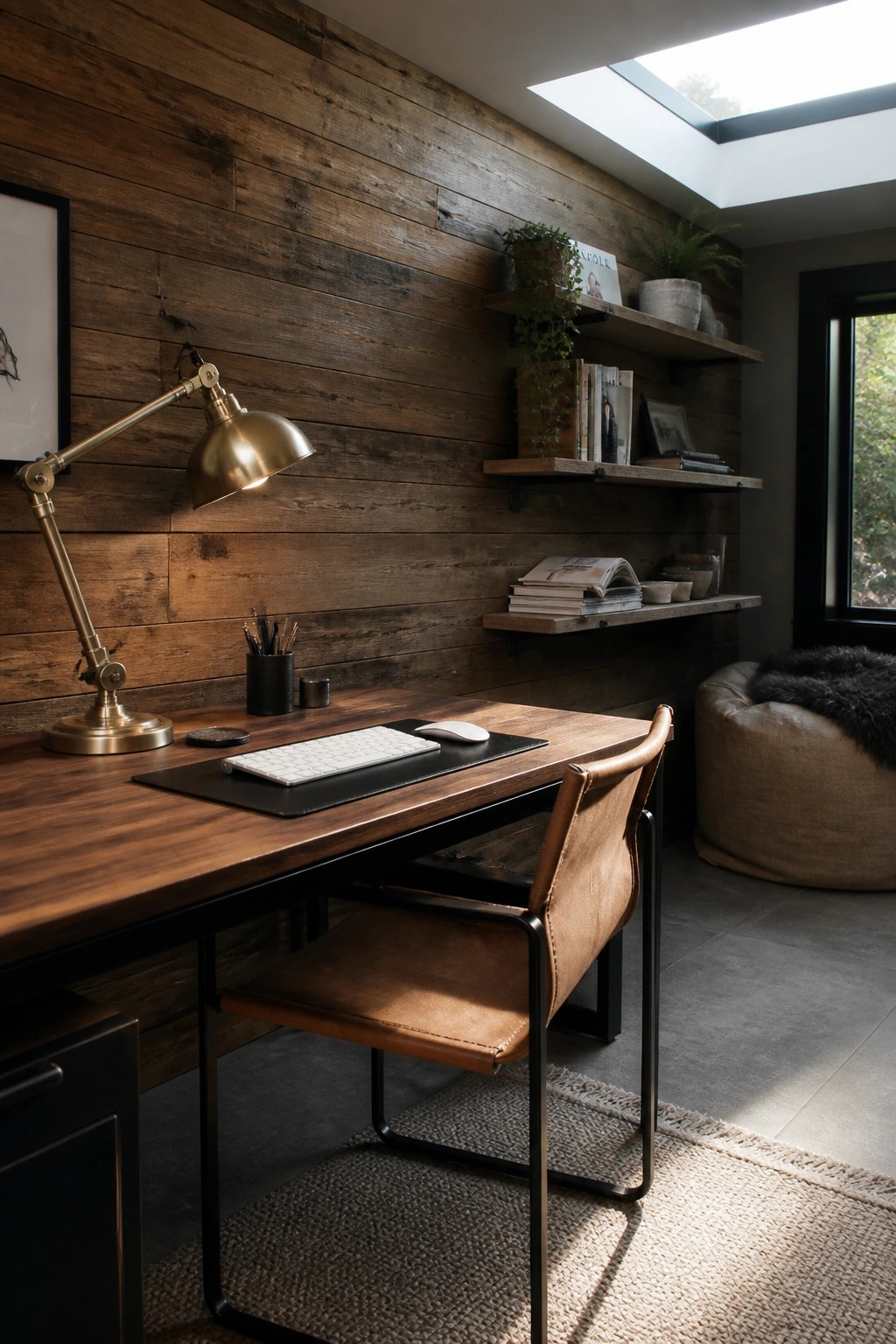 A home office with a dark wood paneled wall, wooden desk, brass task lamp, floating shelves, and a brown leather chair on a woven rug.